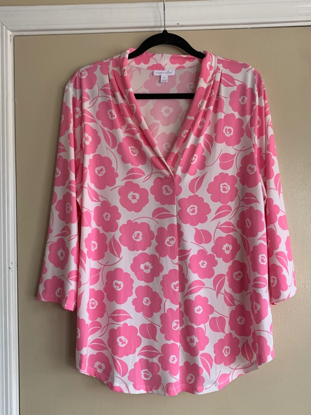 Charter Club Pink Floral Jersey Knit V- neck 3/4 Sleeve Career Tip XL Shirt